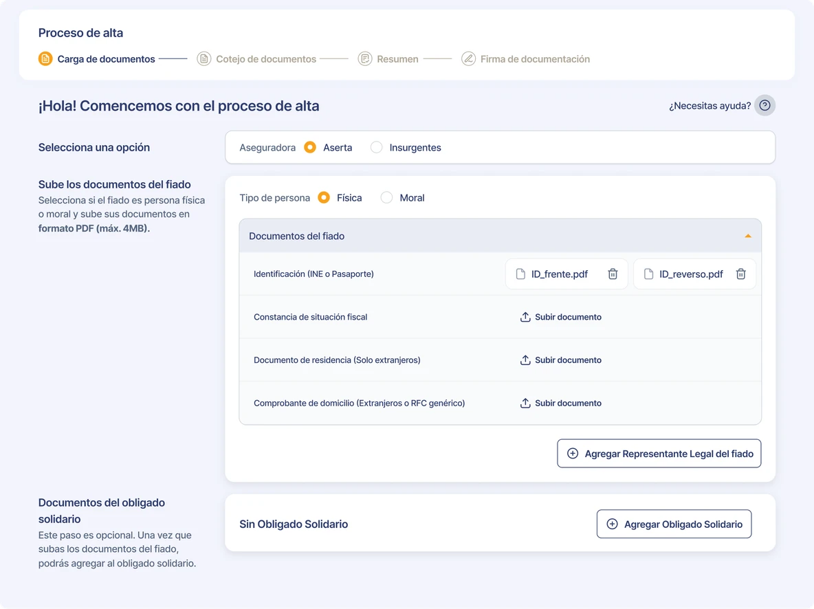 Pantalla de Alta con las etapas Carga de documentos, Cotejo, Resumen y Firma; los documentos del fiado aparecen agrupados, con una acción para subir cada requisito.