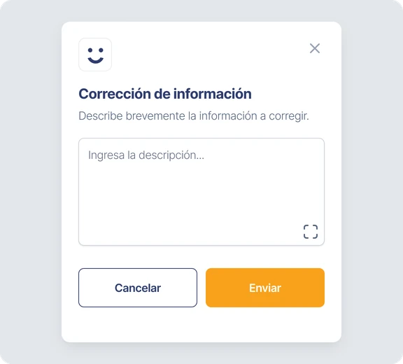 Modal «Corrección de información» con un campo para describir el dato a corregir y los botones Cancelar y Enviar.