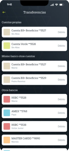 Selección de destinatario agrupada en cuentas propias, mismo banco y otros bancos.