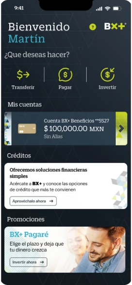 BX+ home: greeting, Transfer, Pay and Invest shortcuts, account, credit and promotions.