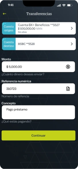 Transfer screen with source and destination accounts, amount, reference and description.