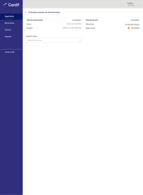 Pantalla «Actualizar estatus de devoluciones»: resumen con folio, socio, producto, totales y estatus actual «En proceso», y un selector para cambiar el estatus.