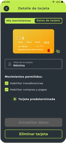Card details: card name, allowed transactions and a default card option.