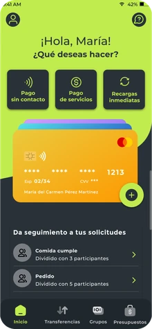 MONI PAY prototype home: shortcuts for contactless payments, bill payments and top-ups, the active card and request tracking.