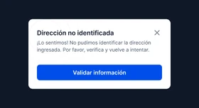 Modal «Dirección no identificada» con el botón «Validar información».