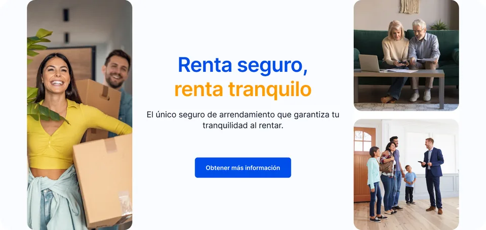 Diseño original de la apertura de NOWO en desktop: titular «Renta seguro, renta tranquilo», botón «Obtener más información» y fotografías.